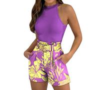 Blingko Ensemble Femme Short Et Haut Chic,Imprimé Floral Sportwear 2 PièCes Tenue D'éTé Chic éLéGant Slim Ensemble Short sans Manches DéBardeur Et Short AVCE Ceinture Ensemble de Survêtement