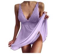 Blingko Femmes Vêtements de Nuit en Dentelle Lingerie Grande Taille Sexy Col V Chemise Robe Babydoll Couleur Unie Chic Été Negligee Bretelles Dos Nu Transparente Babydoll avec G-String