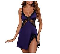 Blingko Nuisette Femme Sexy Hot Sexy Col V Profond Robe de Nuits Couleur Unie Chemise Pyjama Lingerie Satin Vêtement de Nuit Bretelles Chic Nuisette Babydolls Pas Cher