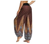 Blingko Pantalon Fluide Femme éTé Sarouel Harem Pantalon Yoga Sarouel Legers Hippie Baggy Léger Ethnique Calqué Smockée Taille Haute avec Poches Été Plage Pantalon Aladin Jogging