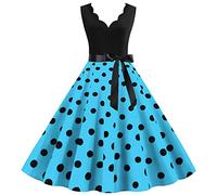 Blingko Robe AnnéEs 20 Longue Femme Robe de Soirée Chic Jointif avec Ceinture Vintage rétro année 50s pin-up Rockabilly Swing à Pois sans Manches Robe de Cocktail Fête Cérémonie A10sky Blue