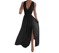 Blingko Robe De SoiréE Longue Sexy Col V Robe Femme Soirée avec Dentelle en Mousseline Chic Et Glamour Robe de Bal Soirée Dames sans Manches Robe Taille Empire Couleur Unie Robe pour Mariage Invité