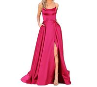 Blingko Robe Longue Femme en Satin élégante Sexy Dos Nu Fendue Spaghetti Sangle Couleur Unie Swing pour Bal Mariage Cocktail Robe de Soirée Longue Mariage Party Dress U5#hot Pink