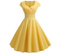 Blingko Robe Vintage AnnéEs 50 Pin Up Femme Crayon,Rétro Robe de Soiree Chic et Élégant Col Rond Robe de Cocktail Manches Courtes Vintage Robe Année 50s Pin-up Rockabilly Swing Robe de Bal V11*Jaune