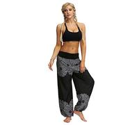 Blingko Sarouel Femme Noir Coton Hippie Sarouel Imprimé Pantalon Jumpsuit Taille Haute Pantalon Large Fluide Vintage Boheme Fleuri Imprimé Thai Yoga Pants Pyjama Ete Plage