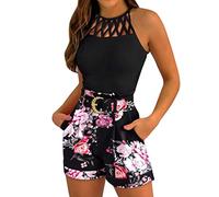 Blingko SurvêTement Femme Ete,Imprimé Floral Sportwear 2 PièCes Tenue D'éTé Chic éLéGant Slim Ensemble Short sans Manches DéBardeur Et Short AVCE Ceinture Ensemble de Survêtement