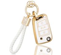 BLINGOOSE Coque de clé de voiture pour VW Volkswagen Golf 7 MK7 Polo Tiguan Touran T ROC Cross Taigo Accessoires 3 boutons Coque de protection Bling Keychain Girly Blanc Or TPU