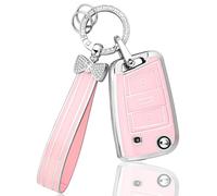 BLINGOOSE Coque de clé pour VW Volkswagen Polo Golf 7 MK7 Tiguan Touran T ROC Cross Taigo 3 boutons Coque de clé de voiture Paillettes Porte-clés Femmes Girly Rose Argent TPU