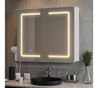 Blishom Armoire de Salle de Bain avec Miroir et Éclairage LED, Gradable avec Capteur Tactile, Prise Électrique, Étagères Réglables, Double Porte en MDF de Haute Qualité Blanc (60 x 70 cm)