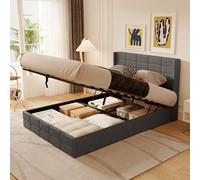 Blishom Lit Coffre 140x200 cm, lit Hydraulique avec Étagères Ouvertes et Rangement Caché en Tête de Lit Capitonné, Cadre de Lit, Sommier à Lattes, sans Matelas,(Gris Foncé, 140x200cm)