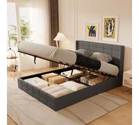 Blishom Lit Coffre 160x200 cm, lit Hydraulique avec Étagères Ouvertes et Rangement Caché en Tête de Lit Capitonné, Cadre de Lit, Sommier à Lattes, sans Matelas, (Gris foncé, 160x200cm)