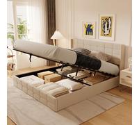 Blishom Lit Coffre 180x200 cm, lit Hydraulique avec Étagères Ouvertes et Rangement Caché en Tête de Lit Capitonné, Cadre de Lit, Sommier à Lattes, sans Matelas, (Beige, 180x200cm)