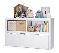 Blishom Meuble de Rangement pour Enfants, bibliothèque Basse Blanche | avec 3 bacs à roulettes, 2 compartiments ouverts, plateau supérieur, 102 x 30 x 60 cm, pour chambre d'enfant ou salle de jeux
