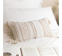 BlissBlush Housse de coussin lombaire rectangulaire décorative de style bohème avec détails touffetés et pompons pour canapé, sofa, salon (housse uniquement) 30,5 x 50,8 cm, crème neutre