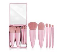 BlissCart Lot de 5 pinceaux de maquillage avec miroir - Mini pinceaux de maquillage avec miroir - Petite fonction complète - Trousse de 5 pinceaux pour le visage, le fond de teint, la poudre, les