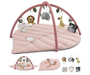 Blissful Diary Tapis d'éveil Bébé avec Arche Amovible, Forme des Feuilles Tapis Éveil Bébé 6 Jouets - Développement Sensoriel et Moteur Progressif, Enfant, Fille et Garçon, Rose Cristal