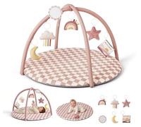 Blissful Diary Tapis d'éveil Bébé avec Arche Amovible, Tapis Éveil Bébé 6 Jouets - Développement Sensoriel et Moteur Progressif, Cadeau pour Nouveau Né, Enfant, Fille et Garçon, Vieux Rose Carreaux