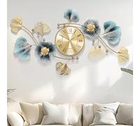 Blissio Grande Horloge Murale en Métal avec Feuille de Ginkgo 3D Créative avec Mouvement Silencieux, Grande Décoration Murale pour Salon (Couleur Or Bleu, 82CM)