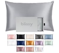 Blissy Taie d'oreiller en soie 100 % mûrier, 22 mommes, fibres 6A de qualité, protège cheveux et peau, fermeture éclair cachée (lit queen size, argenté)