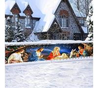 BlissYard Bannière de décoration de crèche en polyester - Motif Sainte Famille - Pour intérieur ou extérieur - Bannière de clôture - Bannière de fête - Panneau de porche - 300 x 50 cm