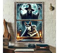 BlissYard Couverture de fenêtre d'Halloween effrayante maison hantée 78,7 x 119,4 cm en polyester - Faucheuse sorcière squelette - Décoration pour événements festifs - Cadeaux pour filles ou garçons