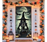 BlissYard Couverture de porte de sorcière « Happy Halloween » de 89 x 180 cm, bannière de porte décorative effrayante avec chat noir et citrouilles pour intérieur ou fête d'automne