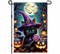 BlissYard Drapeau de jardin d'Halloween 30,5 x 45,7 cm, chat noir avec chapeau de sorcière, roses violettes, citrouille, lanterne de cour, décoration de cour ou friandises, bonbons en spirale
