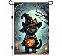 BlissYard Drapeau de jardin d'Halloween chat noir 30,5 x 45,7 cm - Chapeau de sorcière mignon tenant une lanterne - Double face - Décoration d'automne effrayante pour porche, terrasse, décoration
