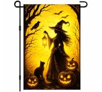 BlissYard Drapeau de jardin d'Halloween sorcière tenant une lanterne chat noir citrouille décoration 30,5 x 45,7 cm drapeau de cour extérieur panneau saisonnier double face vacances porche décoration