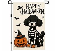 BlissYard Drapeau de jardin d'Halloween squelette chien citrouille double face 30,5 x 45,7 cm Drapeau de cour extérieur mignon caniche noir effrayant panneau de vacances décoration d'automne fantôme