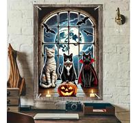 BlissYard Housse de fenêtre d'Halloween avec chats 81,3 x 119,4 cm - Décoration d'intérieur effrayante - Décoration de fenêtre - Momie, chat, vampire, chat, citrouille, pleine lune, chauve-souris