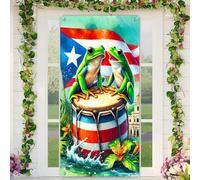 BlissYard Porto Rico Couverture de porte Coqui grenouille sur tambour avec drapeau à suspendre au mur Décoration de vacances culturelles Toile de fond de porte Bannière Décoration pour intérieur et