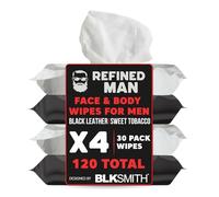 BLKSMITH Lot de 30 lingettes raffinées pour le visage et le corps pour homme - Cuir noir | Tabac doux - X4, lot de 30 lingettes (120 au total) - Lingettes de douche, lingettes corporelles pour homme,