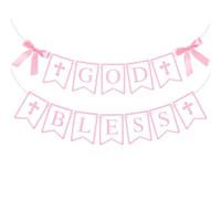 BLMHTWO Bannière pré-cordée « God Bless », rose double face pour première communion, confirmation, baptême, fête avec nœud et croix pour filles, fête prénatale, anniversaire, mariage