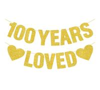 BLMHTWO Bannière pré-enfilée « 100 Years Loved » à paillettes dorées - Fournitures de décoration pour fête de 100 ans, homme et femme, siècle, anniversaire de mariage