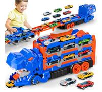 BLmukce Camion de transport dinosaure pour enfants de 2, 3, 4, 5, 6 ans, transformable en dinosaure, avec 12 voitures de course Die-Cast, jouet portable avec rangement pour garçons et filles