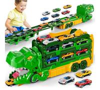 BLmukce Camion de transport dinosaure pour enfants de 2, 3, 4, 5, 6 ans, transformable en dinosaure, avec 12 voitures de course Die-Cast, jouet portable avec rangement pour garçons et filles