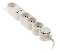Bloc 4x16A + inter blanc câble HO5VVF 3G1 1,5m + 2xUSB 2,1A équipé d'une fiche extraplate