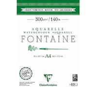 Clairefontaine 975949C - Bloc Encollé 2 Côtés Fontaine - 12 Feuilles Papier Aquarelle Blanc 100% Coton Grain Torchon Qualité Professionnelle A4 21x29,7 cm 300g