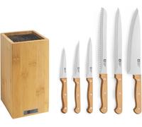 Bloc Avec 6 Couteaux De Cuisine - Artisan - Acier Inoxydable 13 C,Finition Satinée - 26 X 15.5 Cm - Bois Clair