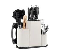 Bloc Couteaux Vide Carré, 4 en 1 Bloc à Couteaux Universel, Porte Couteaux de Cuisine Stable, Support Rangement Couteaux, Range Couteaux Grand Volume avec Trou Vidange & Fentes de Ustensiles (Blanc)