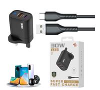 Bloc de charge rapide, brique de charge rapide, bloc de charge de 30 W avec câble de charge type C - Chargeur mural, chargeur de téléphone portable avec 2 ports USB pour la maison et les voyages