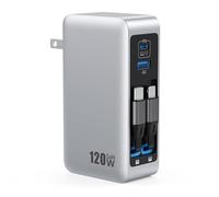 Bloc de Charge USB C 120 W, 2 câbles rétractables intégrés, Prise Pliable 4 en 1 GaN IV, Chargeur Mural, Station de Charge Rapide, PD 65 W pour MacBook/iPad, iPhone 17/16/15/14, Galaxy, Android, etc