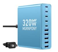 Bloc de charge USB C 320 W, station de charge USB C GaN 10 ports | PD Adaptateur de chargeur rapide pour ordinateur portable MacBook Pro/Air, DELL, iPad, iPhone, Samsung Galaxy Bleu clair 65 W