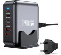 Bloc de Chargeur Rapide USB C, Adaptateur de hub GaN de Station de Charge à 6 Ports 120W, Prise de Bande d'alimentation Multi-Chargeur Mural USB C pour iPad iPhone 16 15 14 13 12 Pro Max Galaxy S23