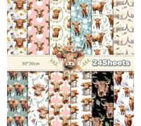 Bloc de papier pour scrapbooking Motif vache des Highlands, 24 feuilles/12 motifs double face, aquarelle, tournesols rustiques, journal décoratif coloré, fournitures de scrapbooking 30 x 30 cm