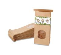 Bloc de sacs à fond plat taille M avec fenêtre & bande clip 400 pcs I en papier kraft brun avec fenêtre & revêtement en film PP I Sacs à biscuits, à thé, à pâtisserie...