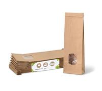 Bloc de sacs à fond plat taille XS avec fenêtre & bande clip 500 pcs I en papier kraft brun avec fenêtre & revêtement en film PP I Sacs à biscuits, à thé, à pâtisserie...