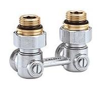 Bloc de vannes bitubes Caleffi 301143, raccord radiateur 1/2" AG, raccord à compression 3/4", forme coudée