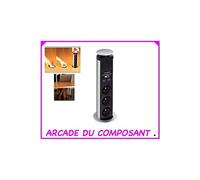 Perel Bloc multiprise escamotable, 3 Prises avec Terre française (Type E), 2 Ports USB, diamètre 71 mm, Usage intérieur, Noir/Gris